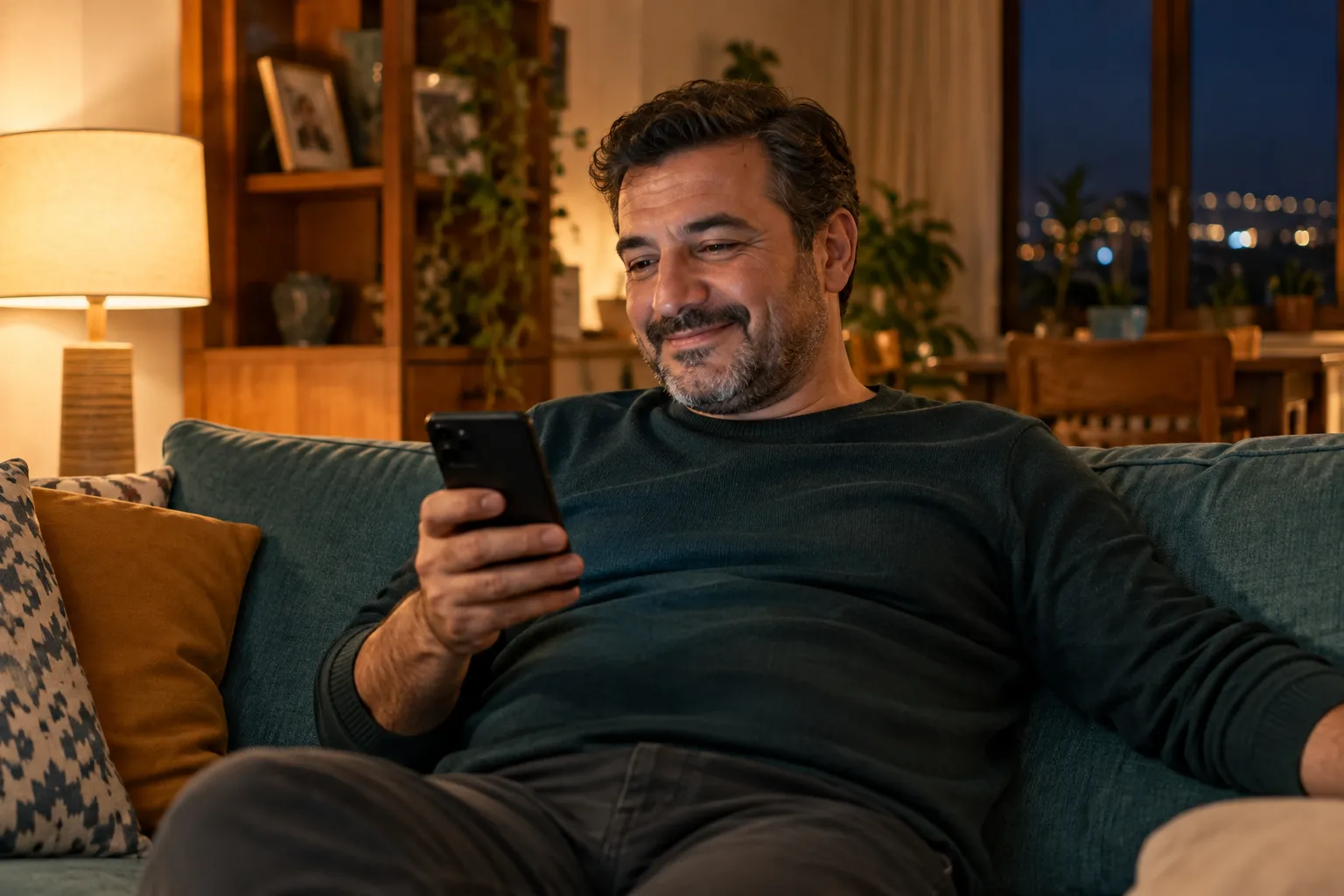 Bir adam akşam evinde telefonuna bakarak gülümsüyor