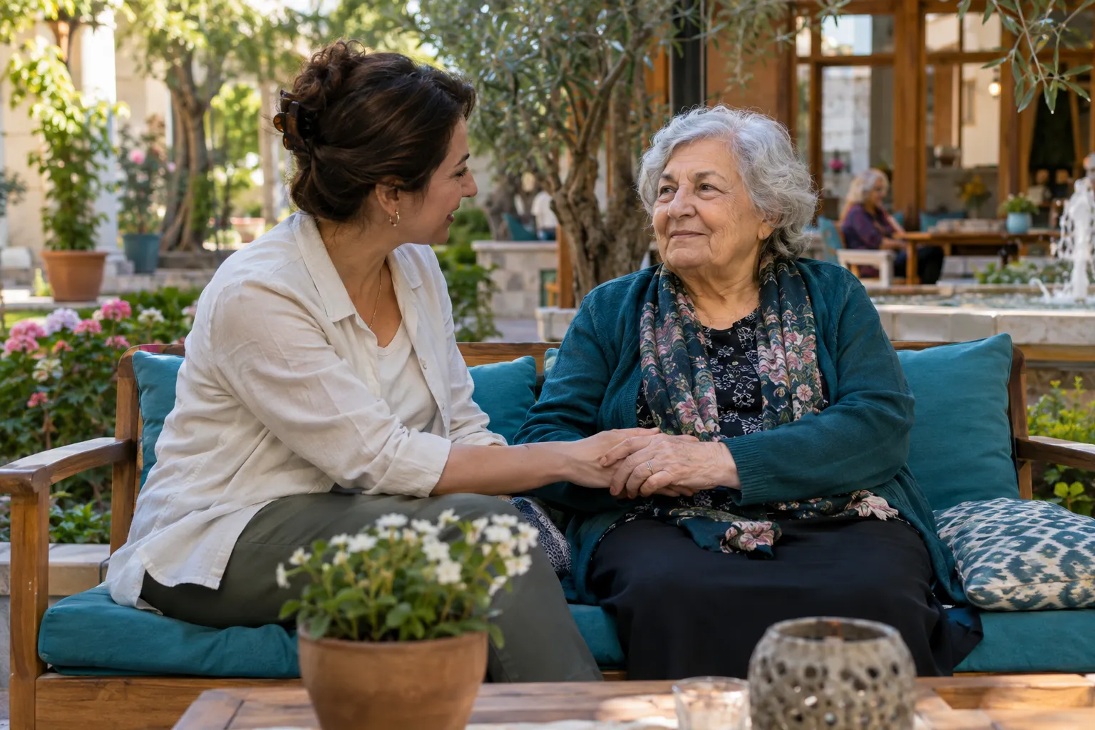 Bir aile, huzurevi ziyaretinde bakım danışmanıyla görüşüyor