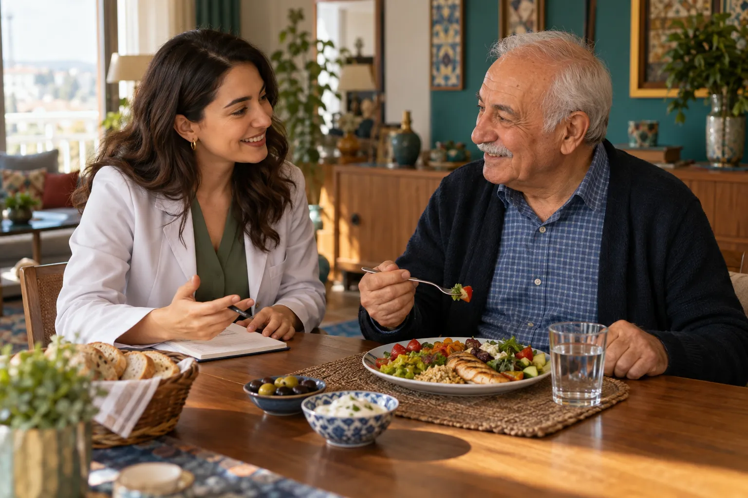 Diyetisyen, yaşlı bir adamla öğle yemeğinde menüsünü konuşuyor