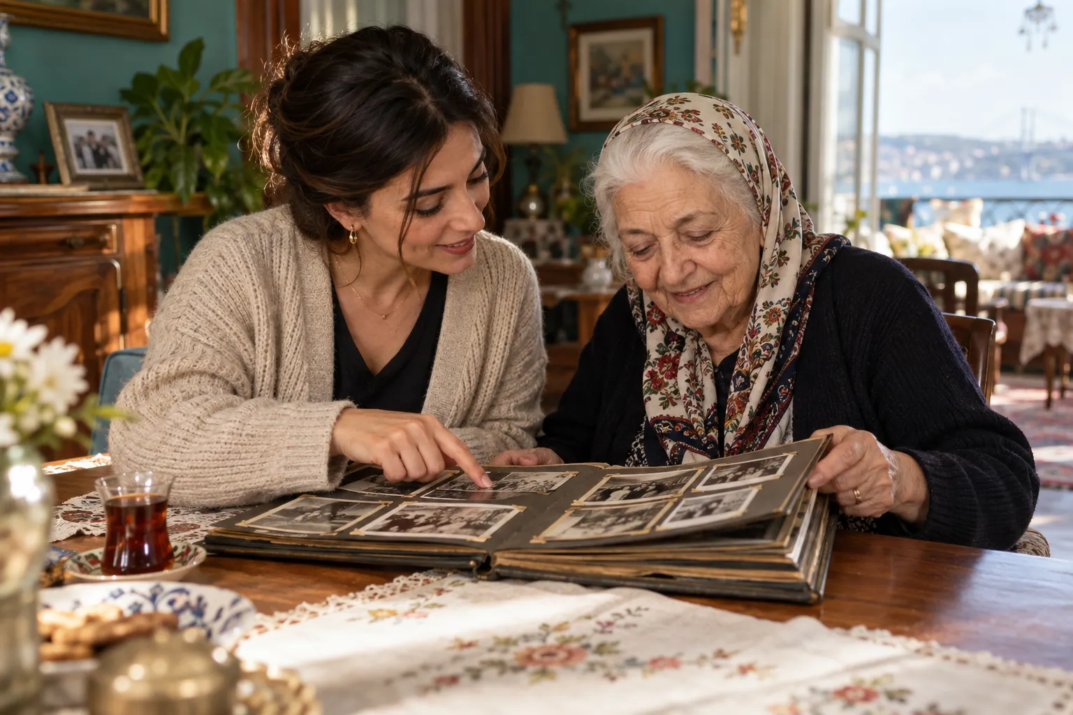 Yaşlı bir kadın ve kızı, eski aile fotoğraflarına birlikte bakıyor