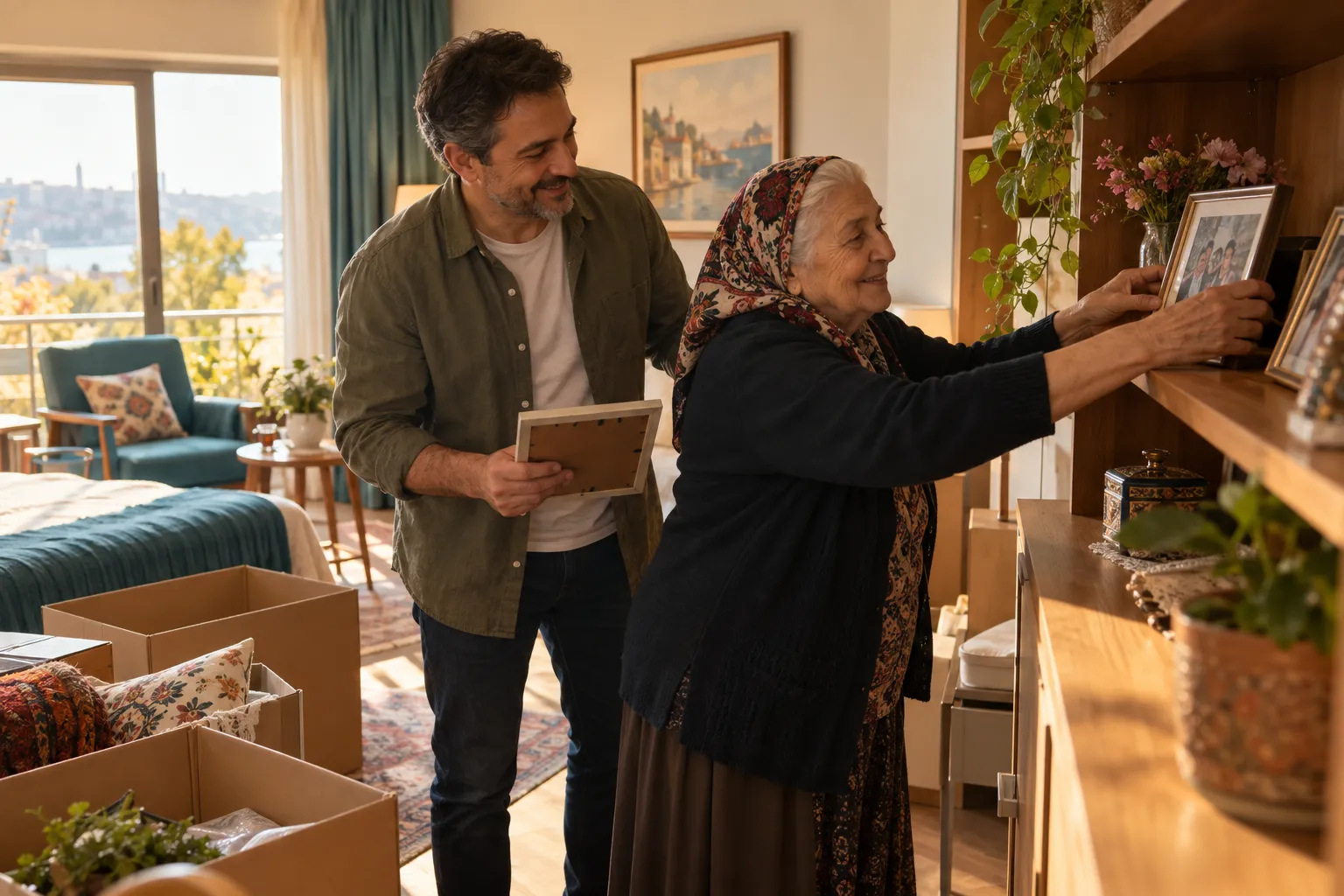 Bir oğul, annesinin yeni odasına aile fotoğraflarını yerleştirmesine yardım ediyor