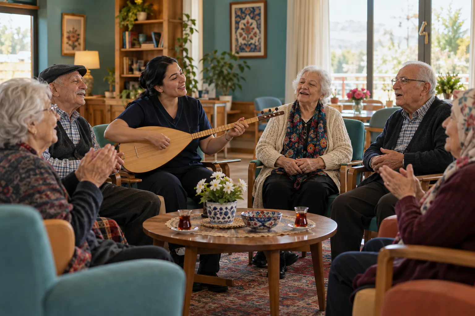 Bakım personeli sazla müzik etkinliği yürütüyor, sakinler eşlik ediyor