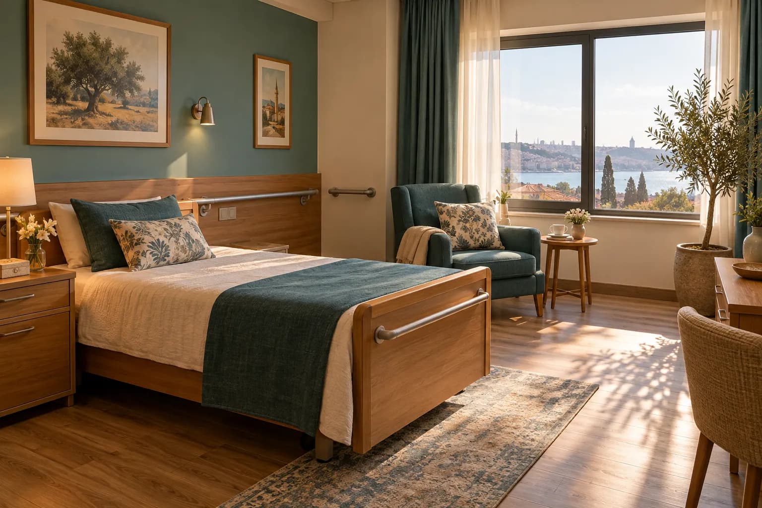 Tutunma barları ve ahşap zeminli aydınlık oda